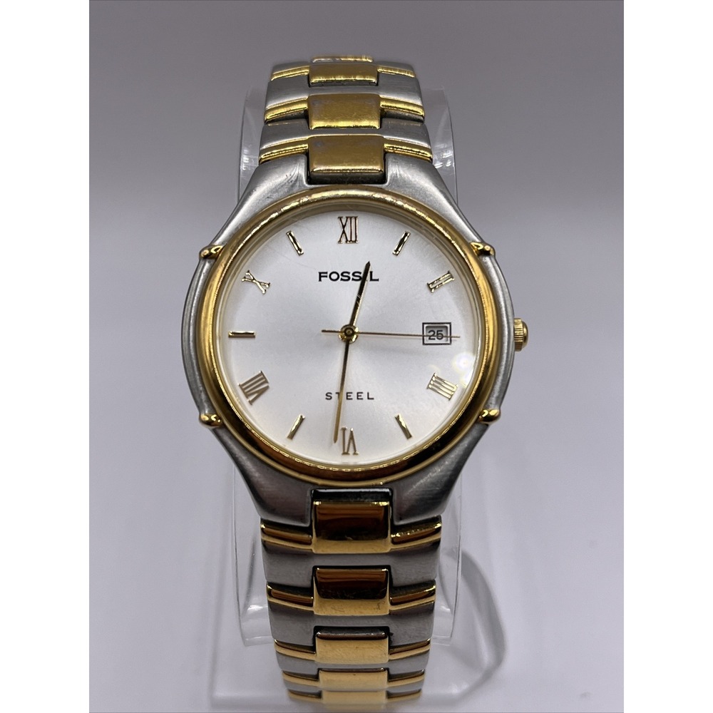 Fossil Steel Men's Watch FS-2700 Stainless Two Tone Band- New Battery